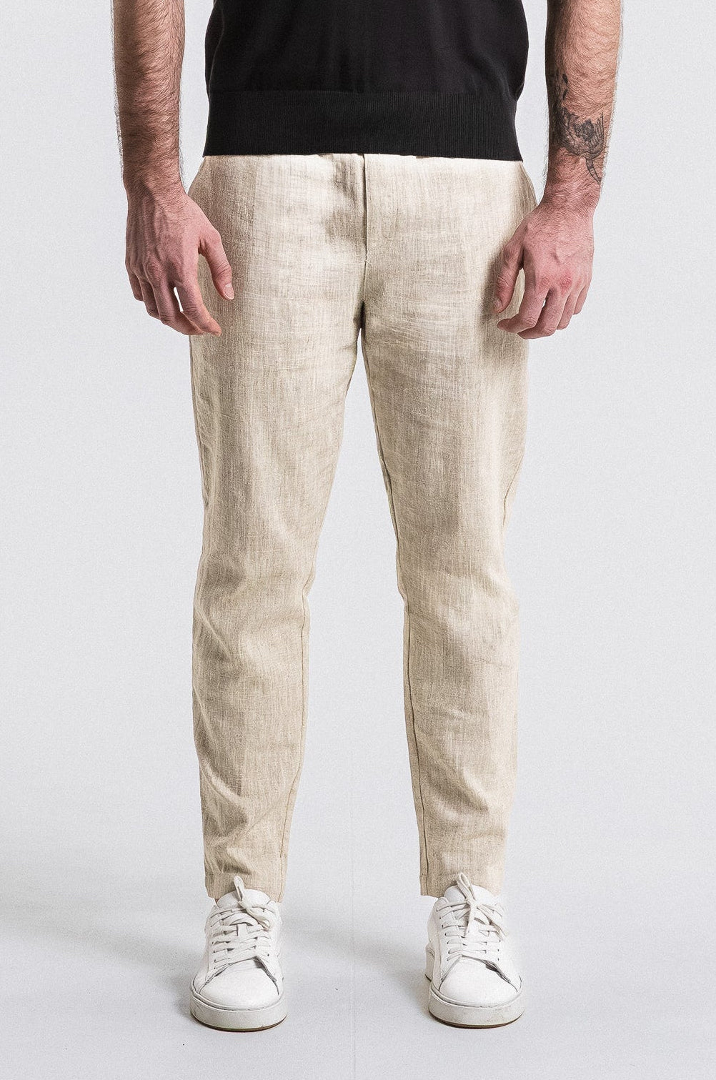 SEAM Tailored Lounge Linen Pant in Wheat, lower view showing straight-leg cut and linen drape