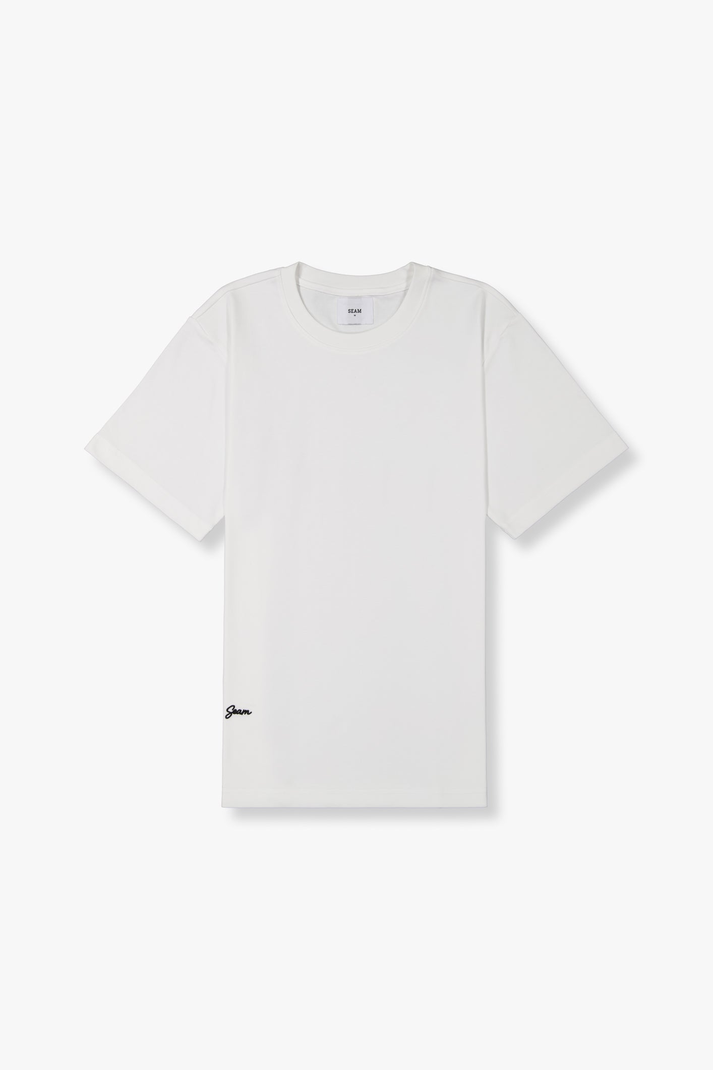 SEAM Relaxed Fit Cotton T-Shirt in White, flat lay showing 200 GSM heavyweight combed cotton