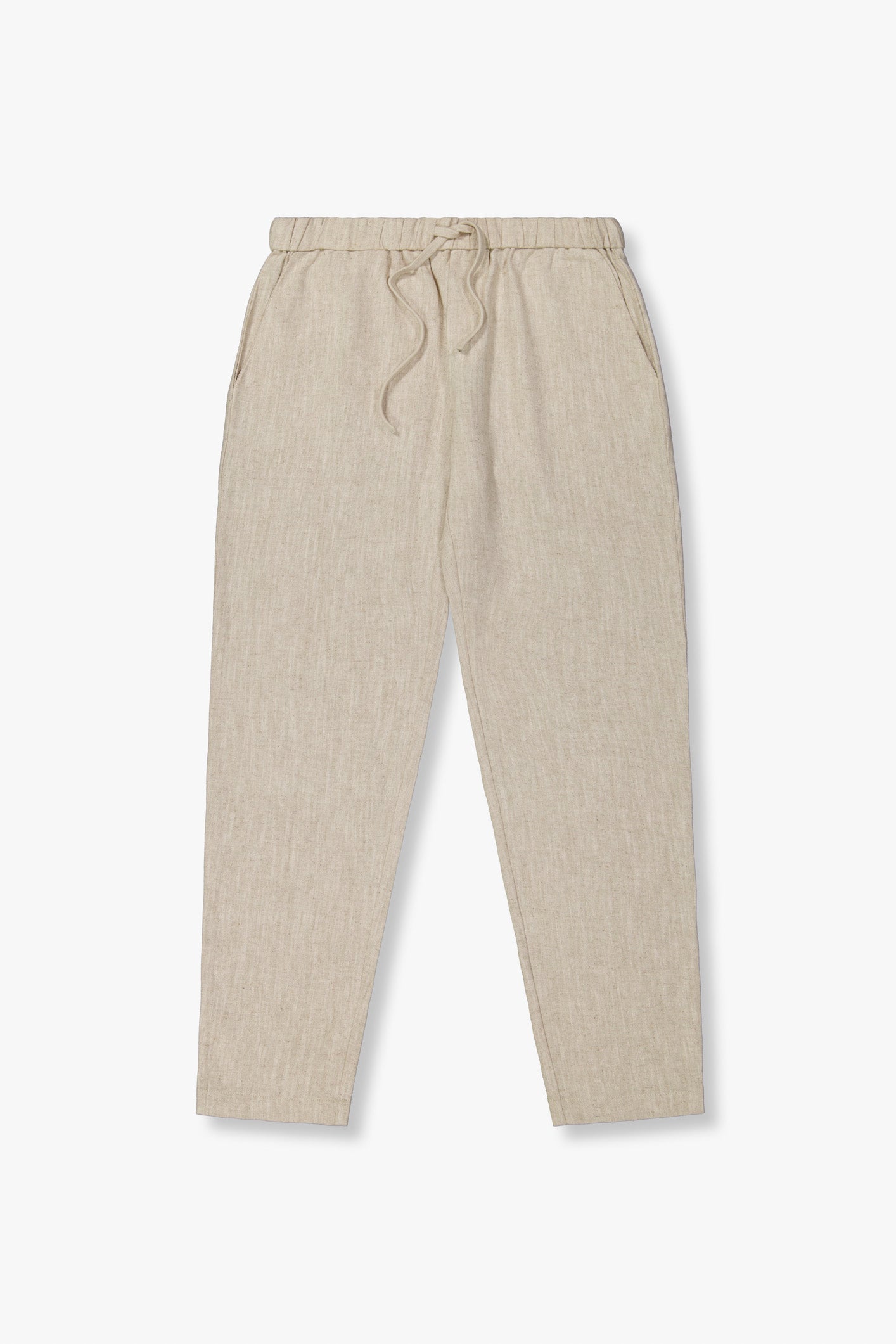 SEAM Tailored Lounge Linen Pant in Wheat, flat lay showing elasticated waist and straight-leg cut