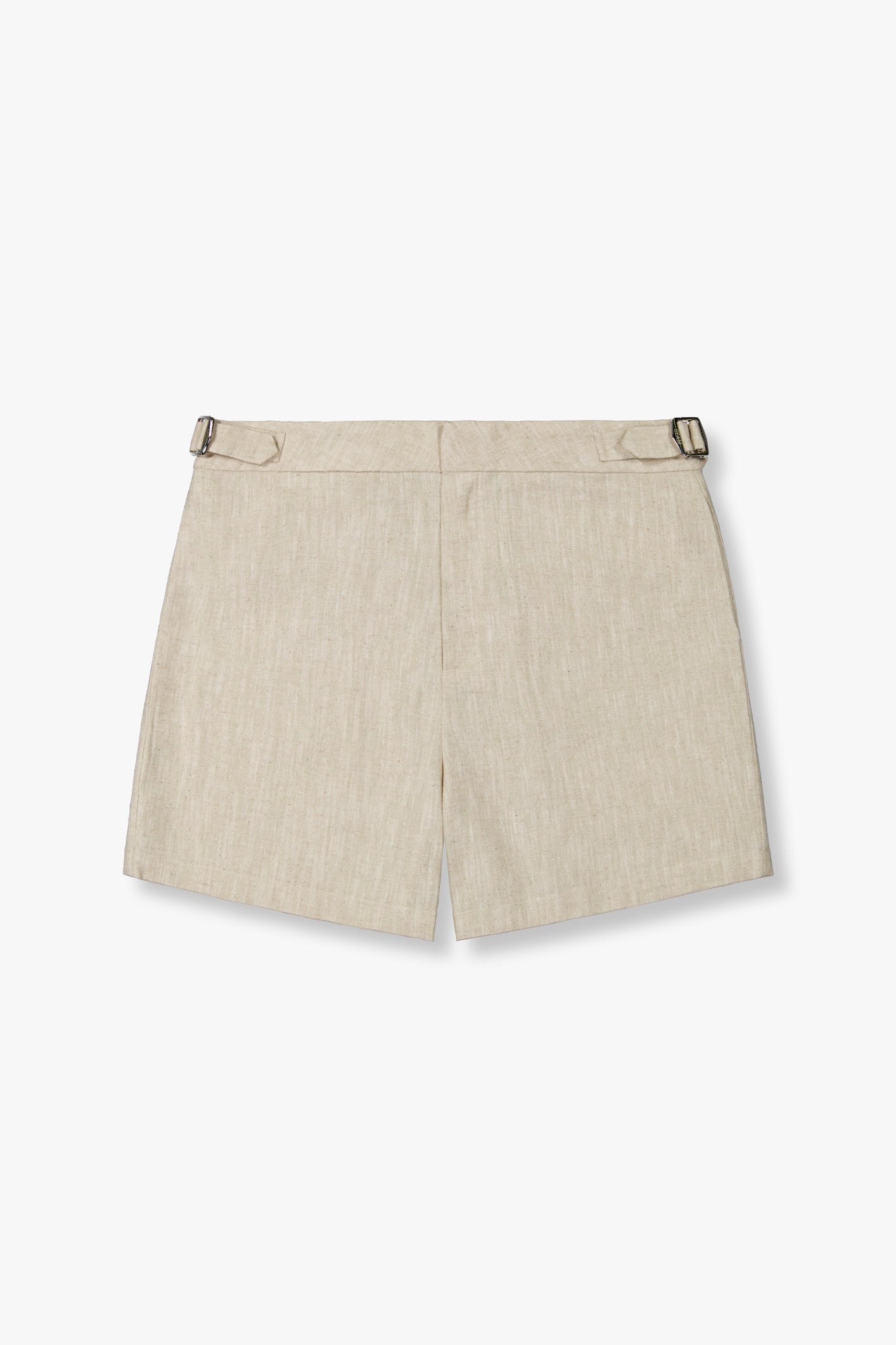 SEAM Side Tab Linen Short in Wheat, flat lay showing adjustable side tabs and linen fabric