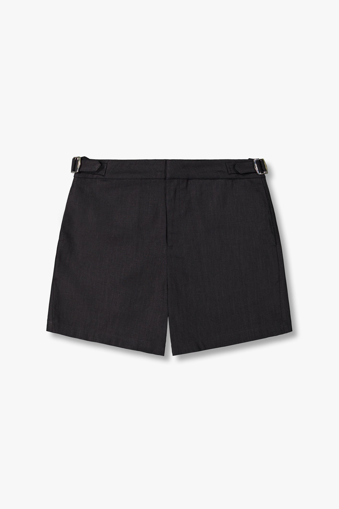 SEAM Side Tab Linen Short in Black, flat lay showing adjustable side tabs and linen fabric
