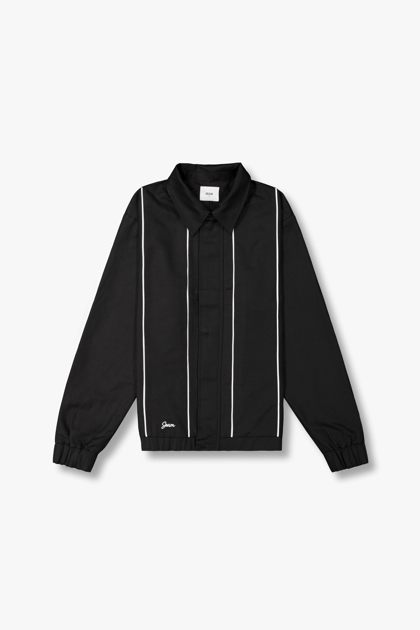 SEAM Cotton Contrast Jacket in Black with white piping, flat lay product shot