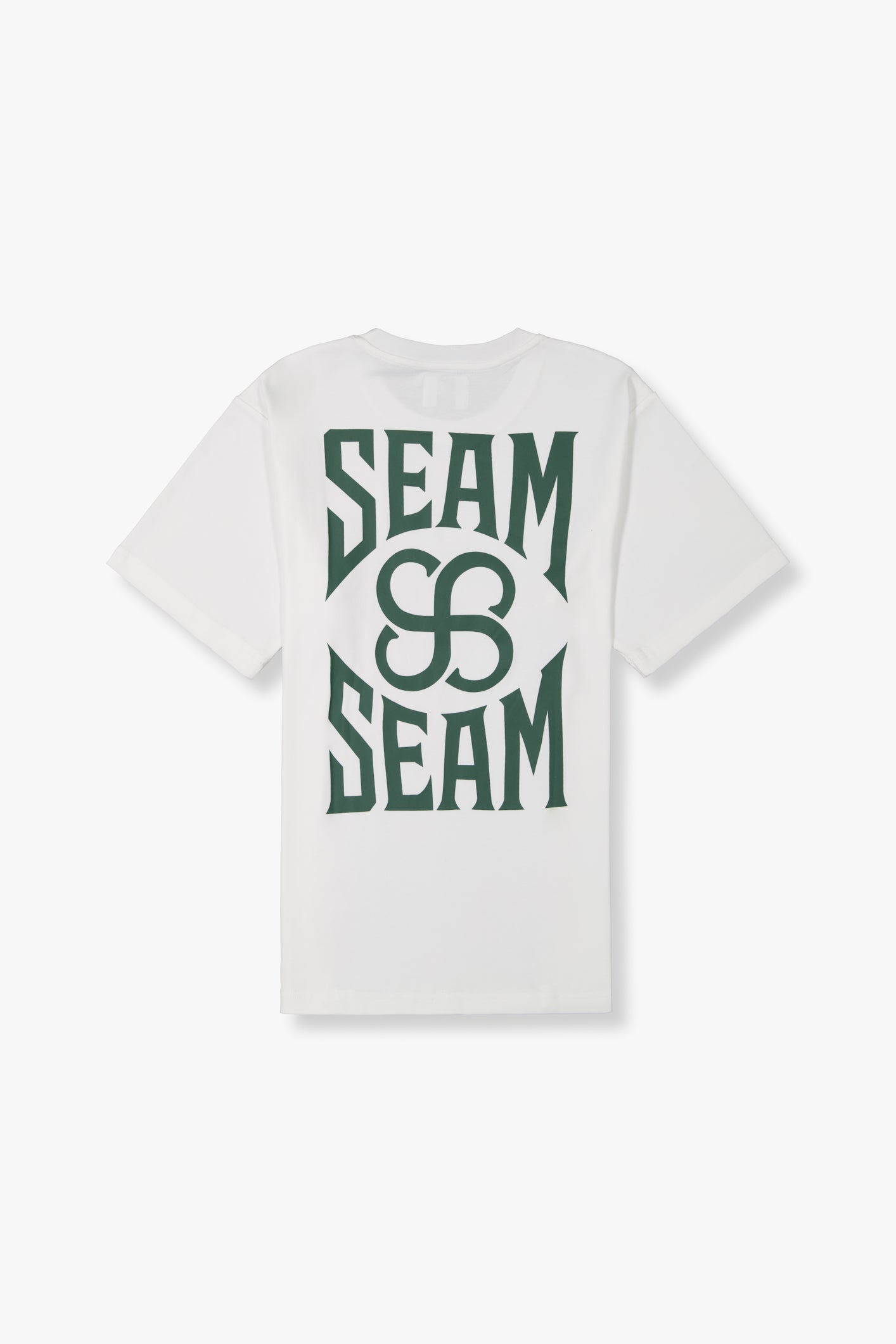 SEAM Cotton Typeface T-Shirt in White, flat lay showing heavyweight combed cotton