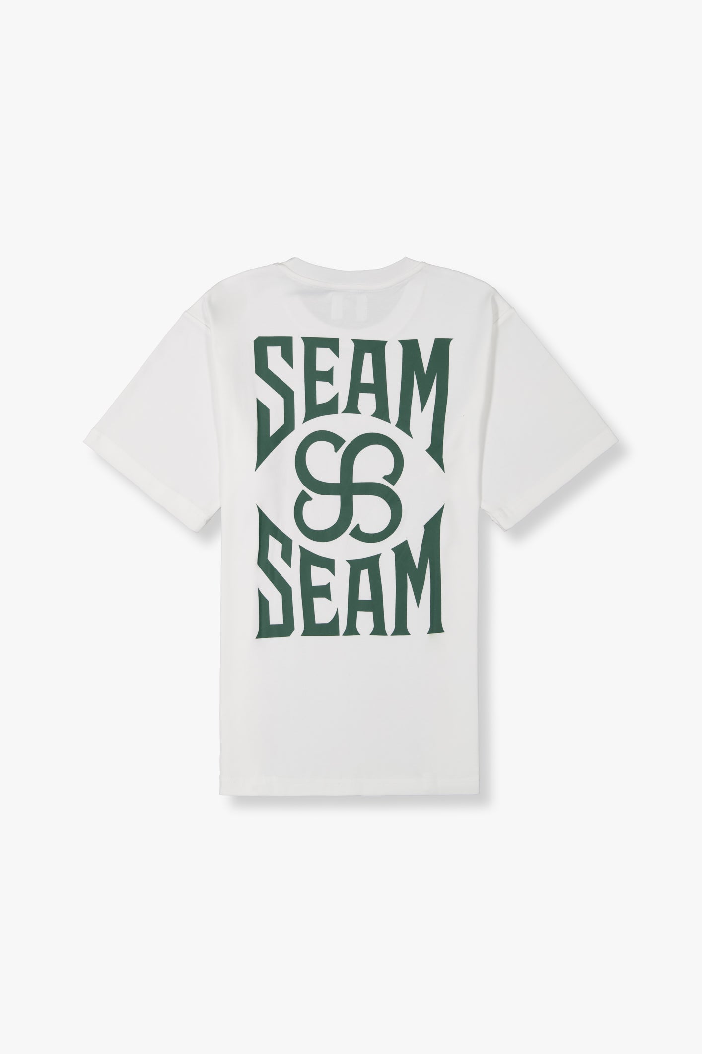 SEAM Cotton Typeface T-Shirt in White, flat lay showing heavyweight combed cotton