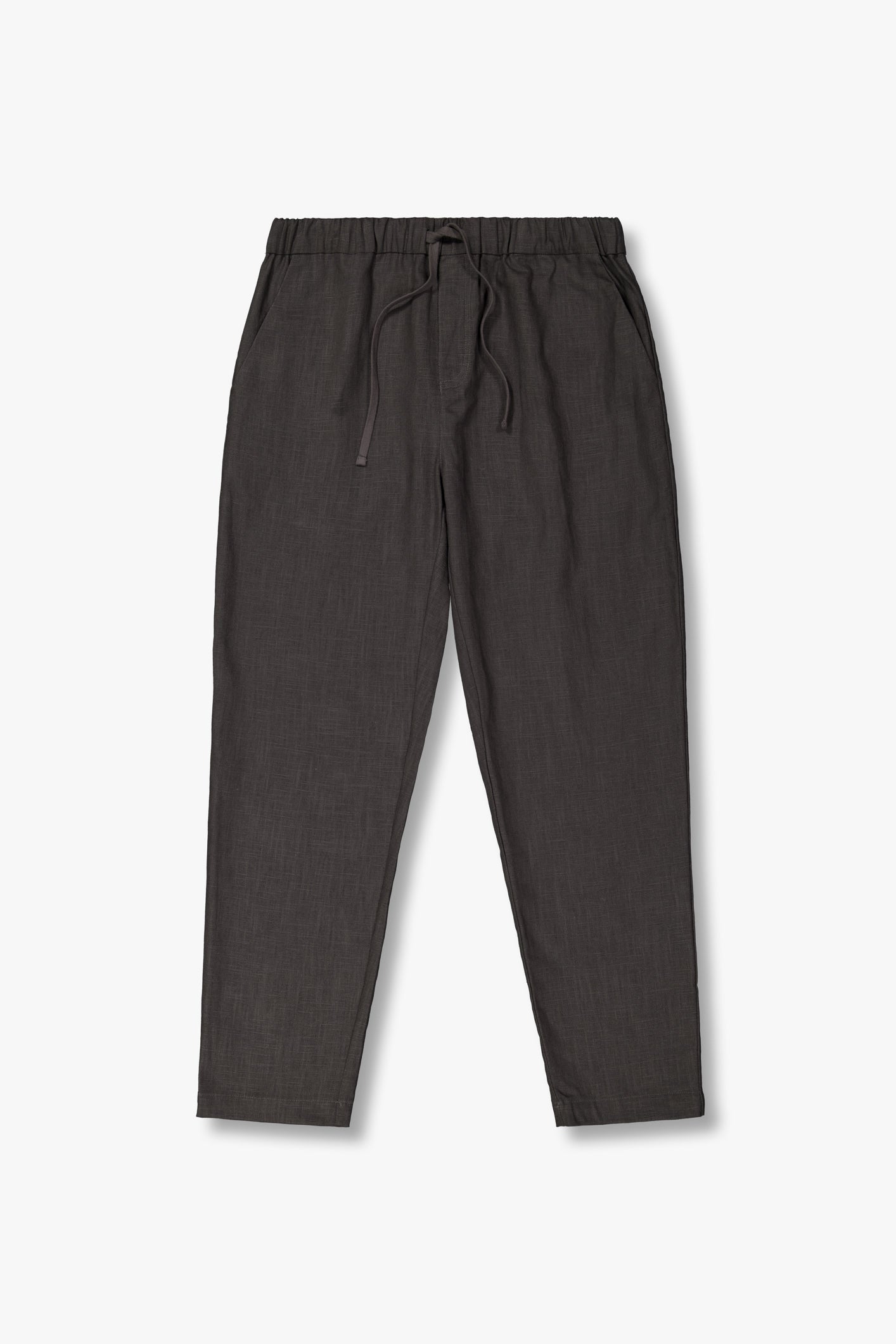 SEAM Tailored Lounge Linen Pant in Charcoal, flat lay showing elasticated waist and straight-leg cut