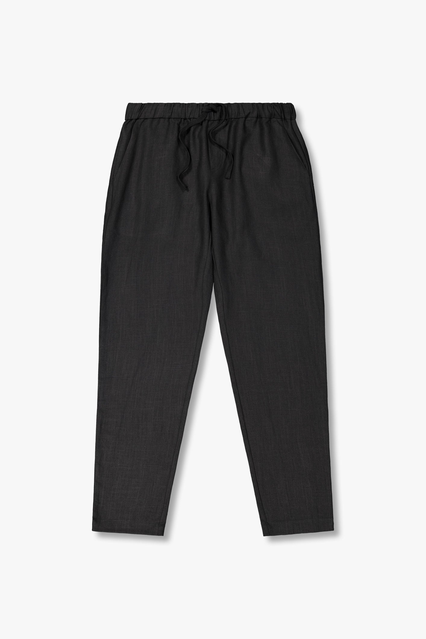 SEAM Tailored Lounge Linen Pant in Black, flat lay showing elasticated waist and straight-leg cut