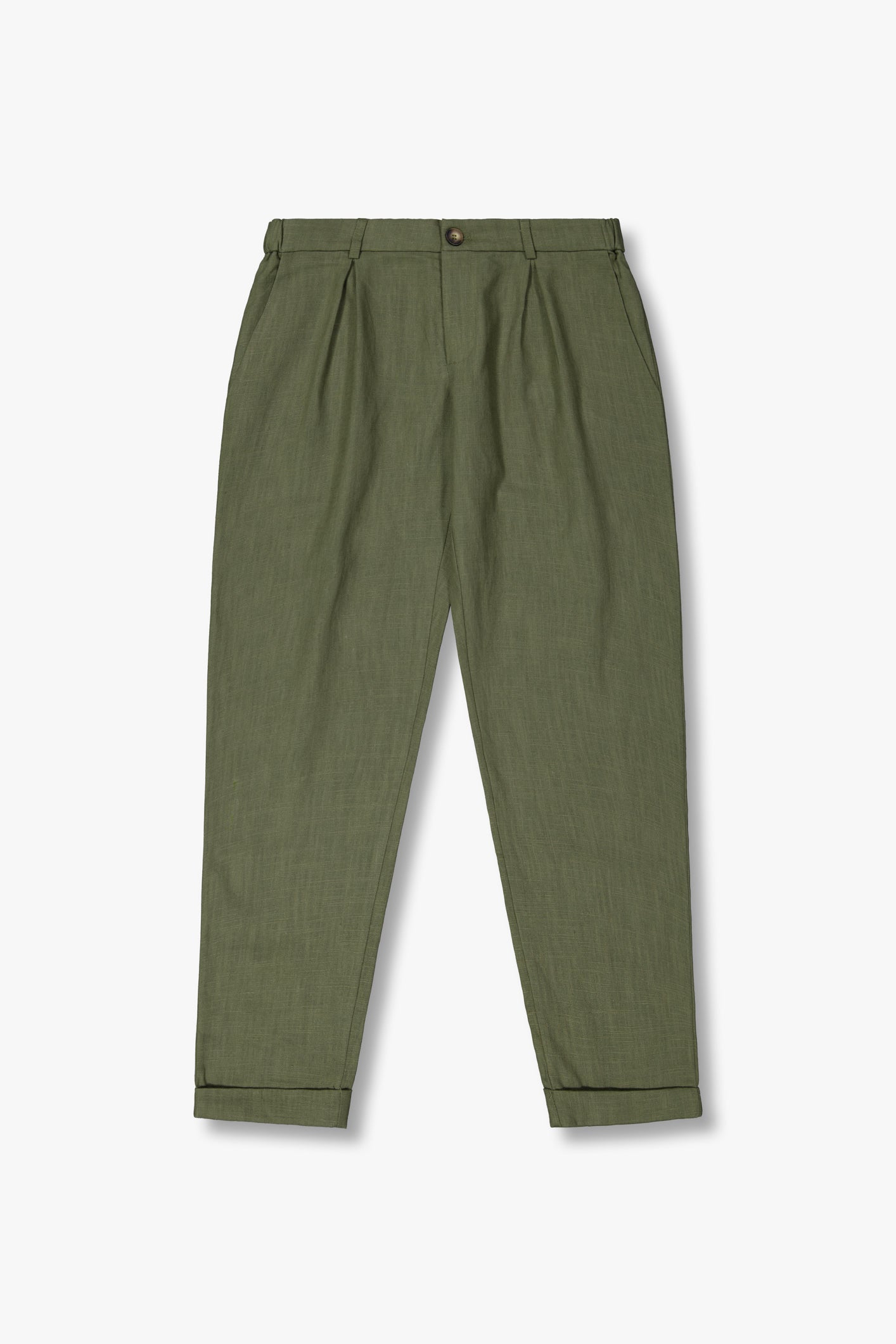 SEAM Tailored Pleat Linen Trouser in Olive, flat lay showing front pleats and straight-leg silhouette