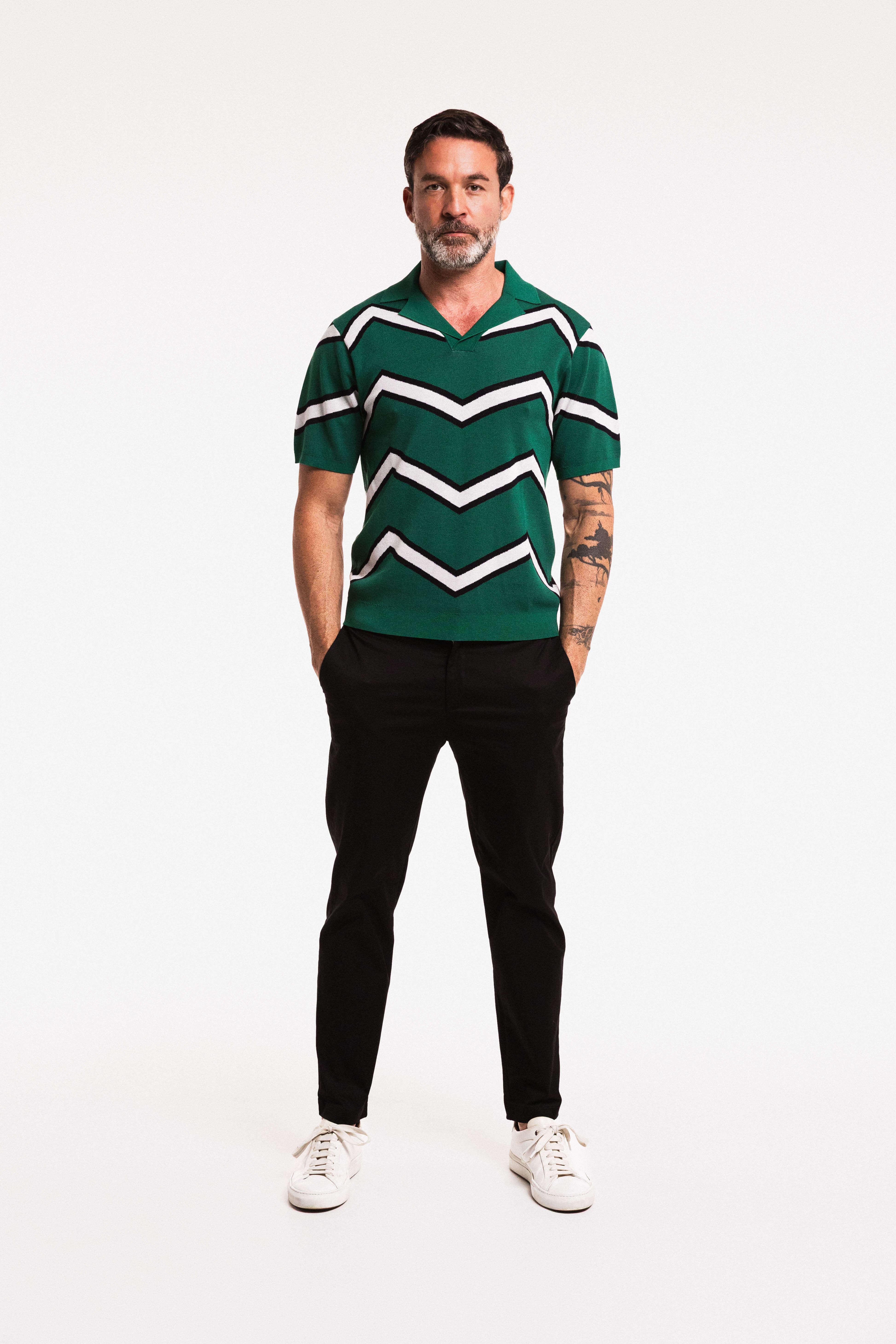 SEAM Chevron ZigZag Polo in Forest Green, model wearing with black pants showing full outfit