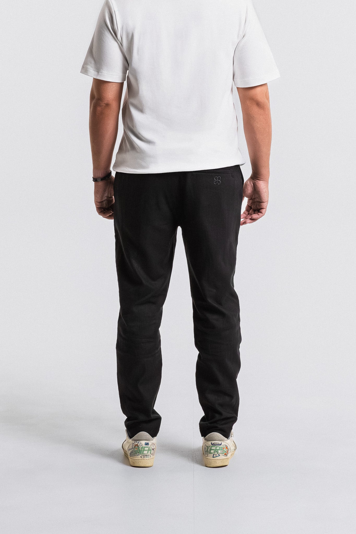 SEAM Tailored Lounge Linen Pant in Black, full outfit view with white tee