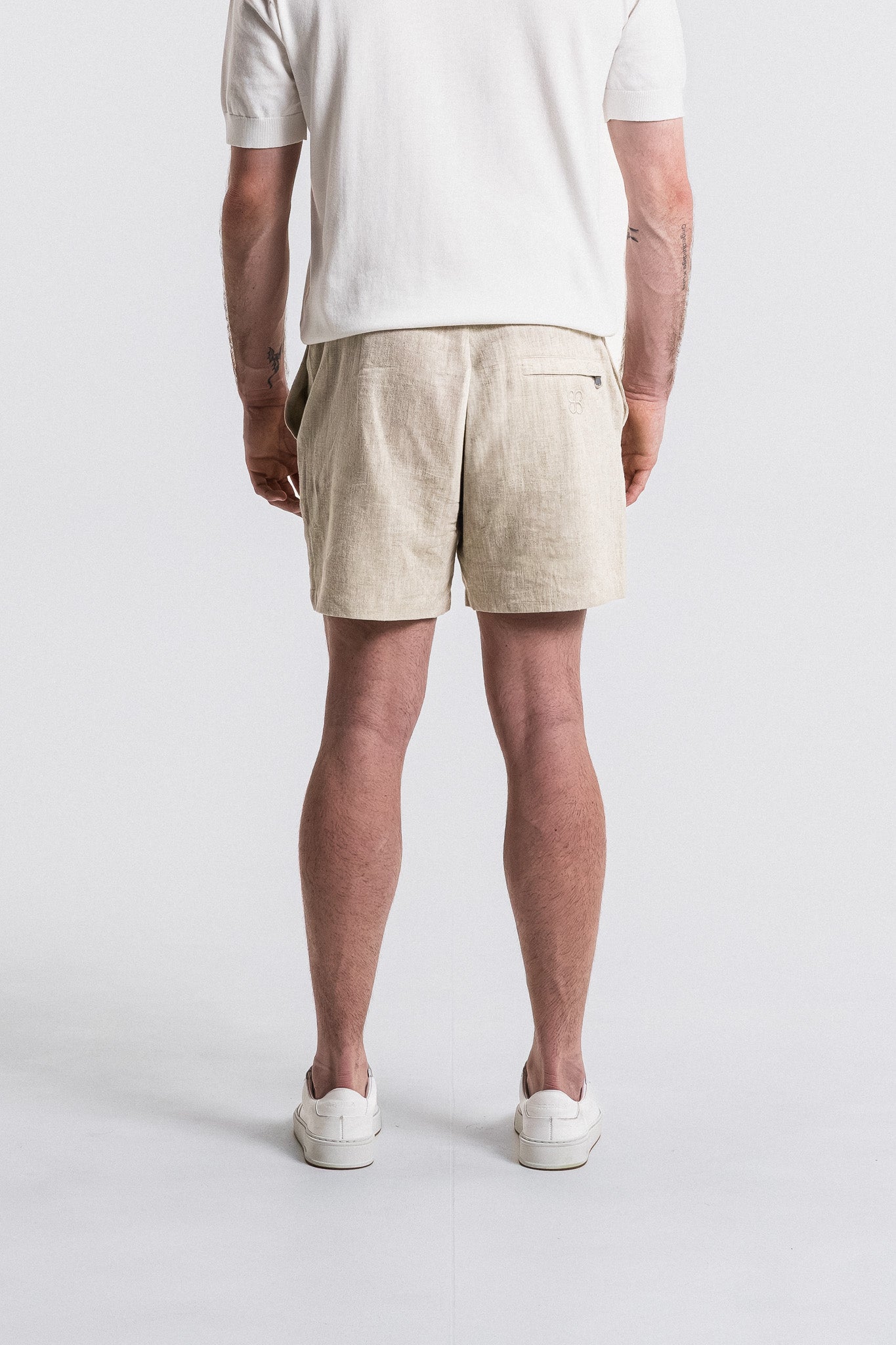 SEAM Side Tab Linen Short in Wheat, full outfit view with white polo