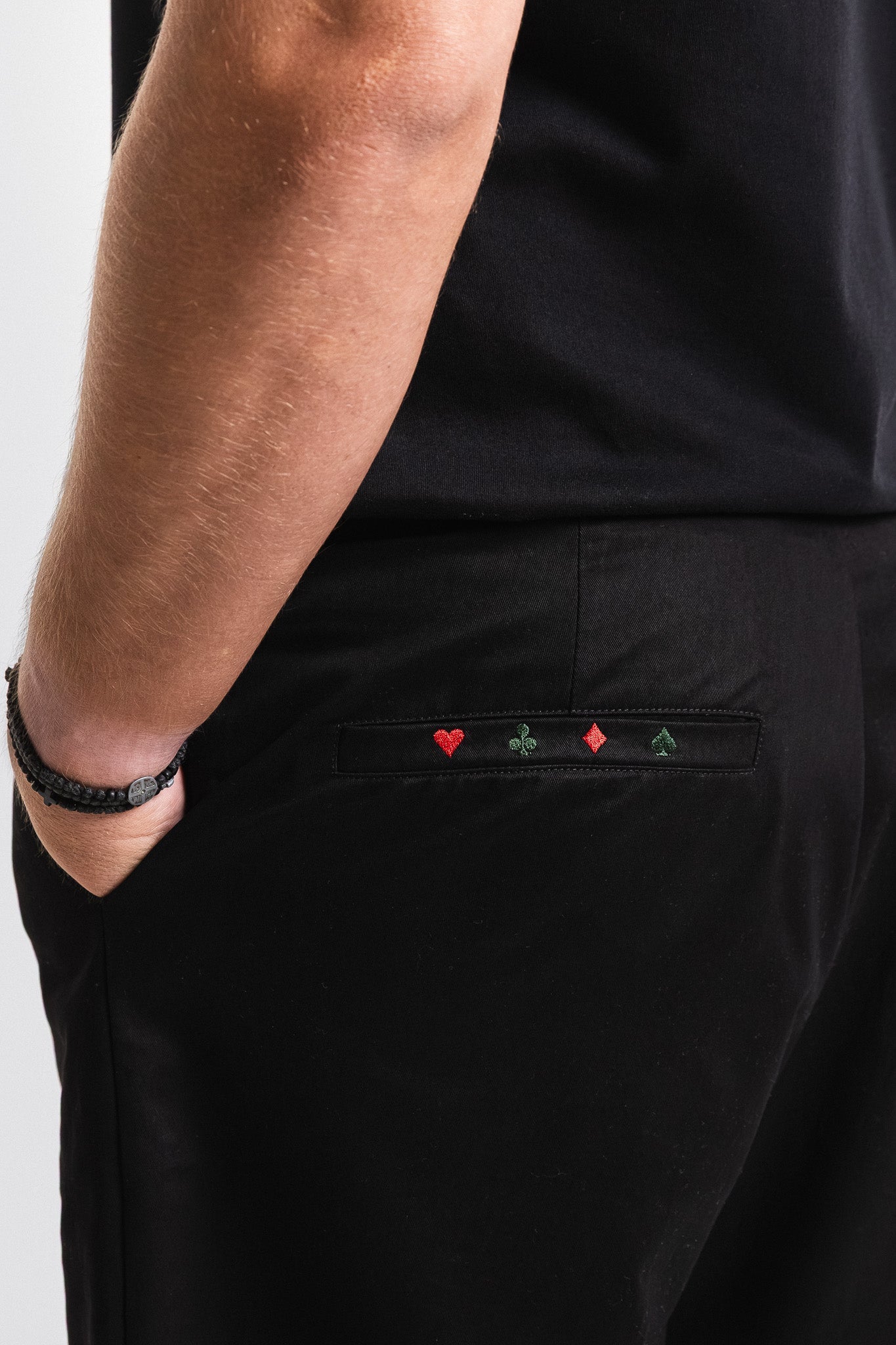 SEAM Poplin Pleated Trouser in Black, close-up of pocket embroidery detail