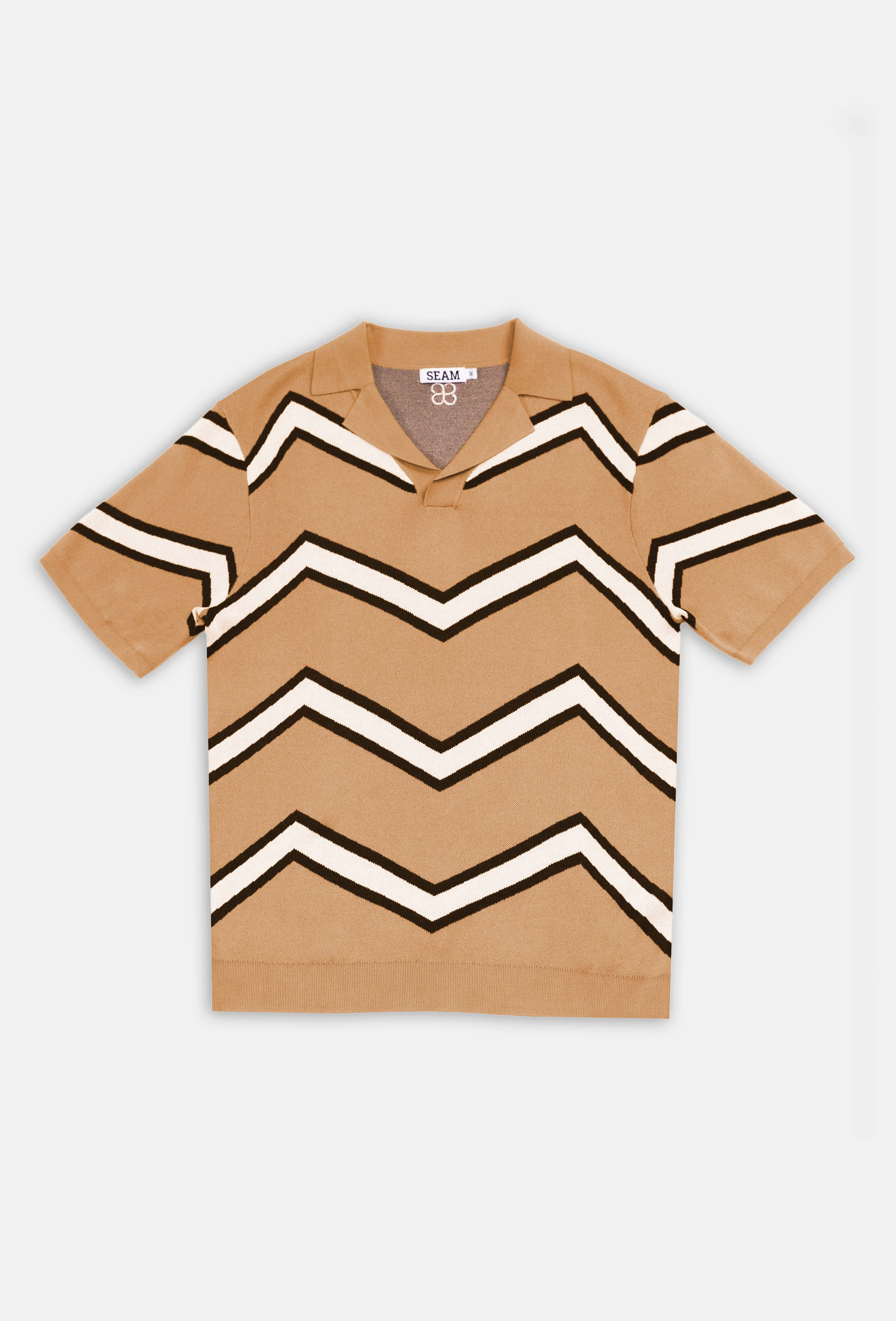 SEAM Chevron Zigzag Polo in Caramel, flat lay showing bold chevron knit pattern