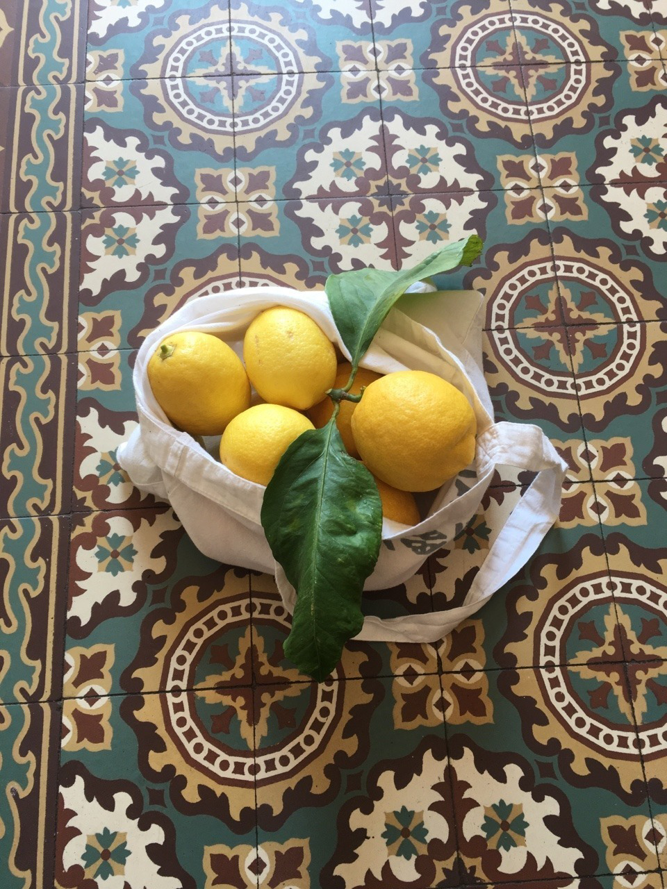 Bowl of lemons on a patterned tile floor