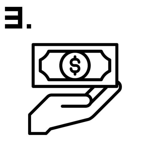Line drawing of a hand holding money with a dollar sign symbol.