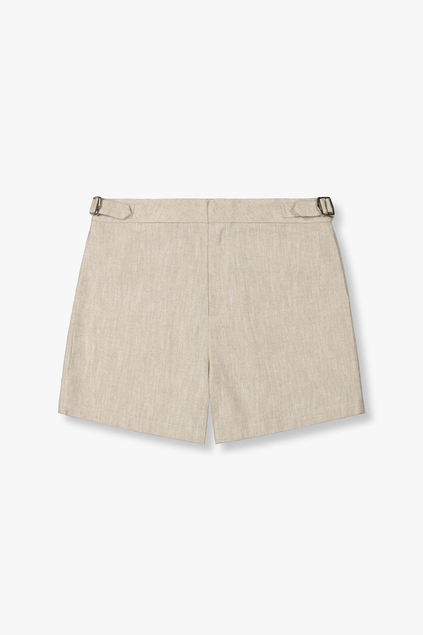 SEAM Side Tab Linen Short in Wheat, flat lay showing adjustable side tabs and linen fabric