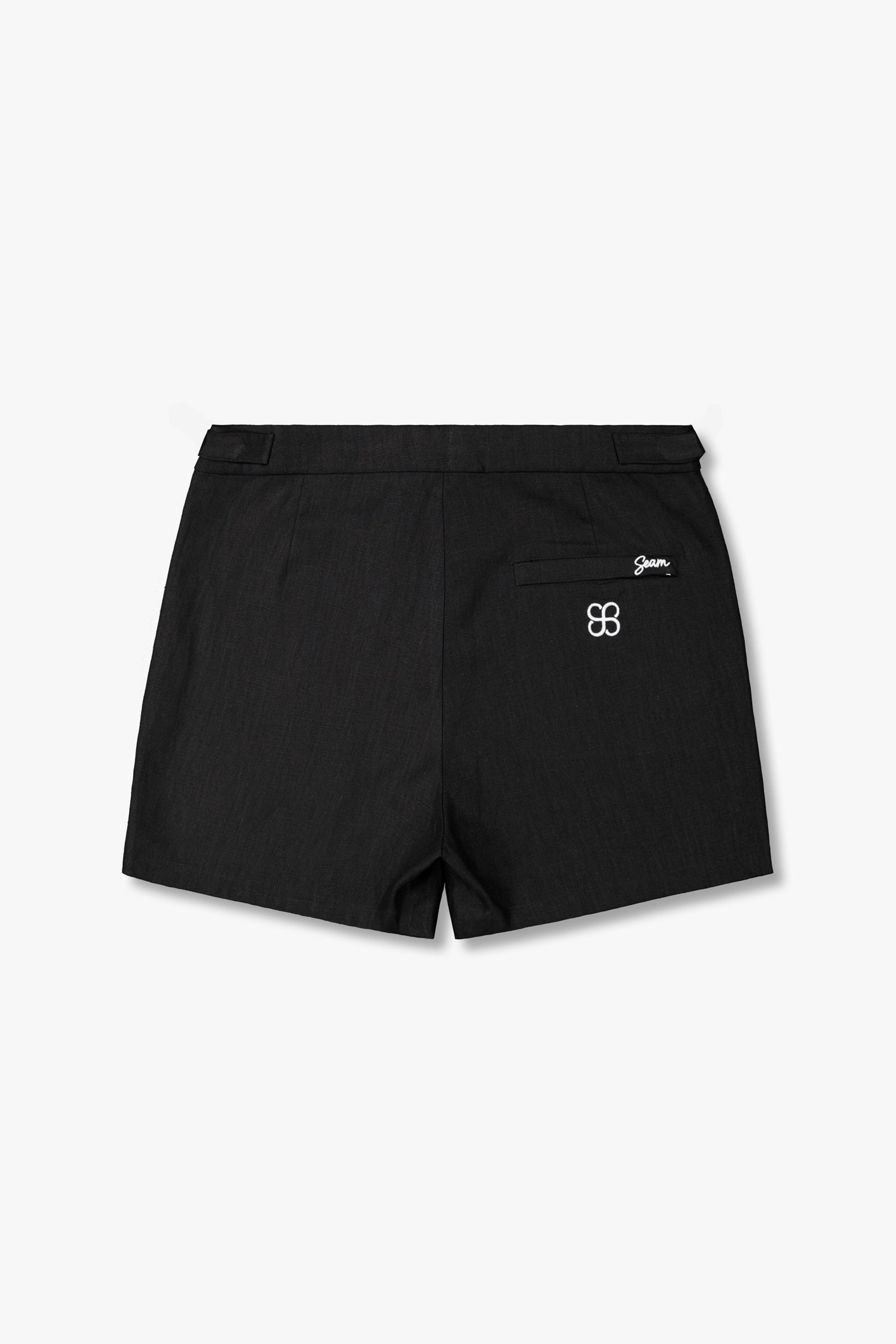 SEAM Side Tab Linen Short in Black, close-up of linen texture and side tab detail