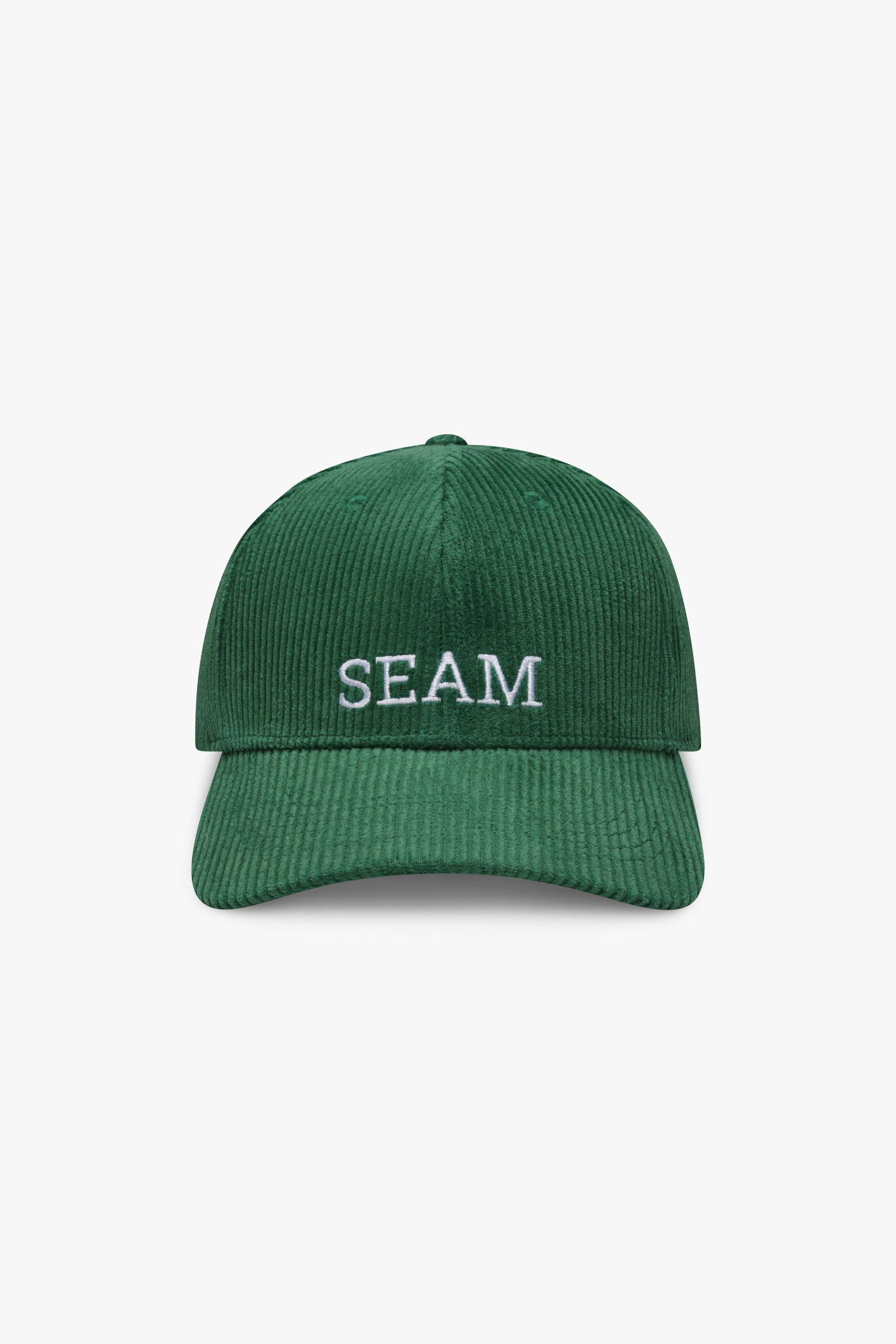 SEAM Corduroy Logo Cap in Forest Green, front view showing embroidered branding