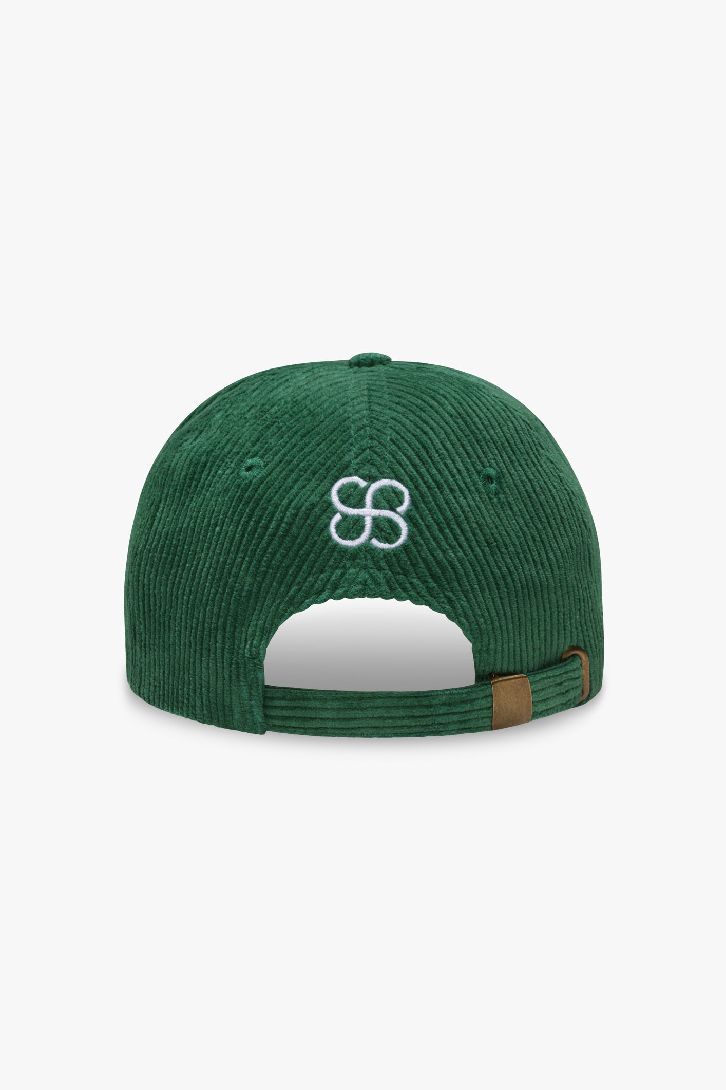 SEAM Corduroy Logo Cap in Forest Green, back view showing adjustable metal buckle