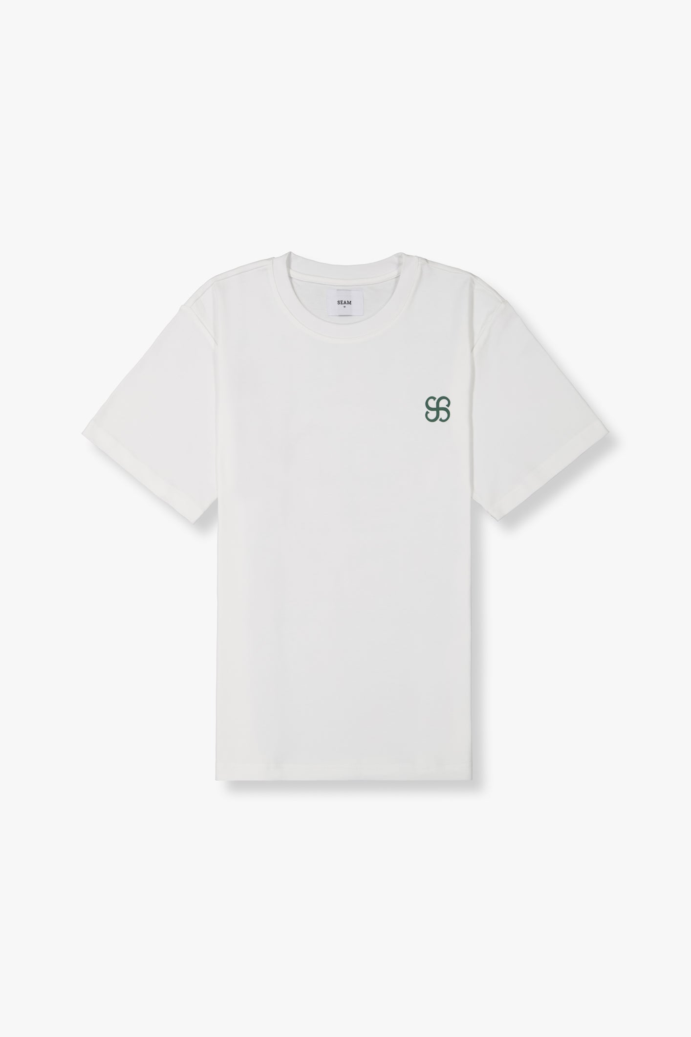 SEAM Cotton Typeface T-Shirt, close-up of cotton fabric and oversized SEAM back graphic