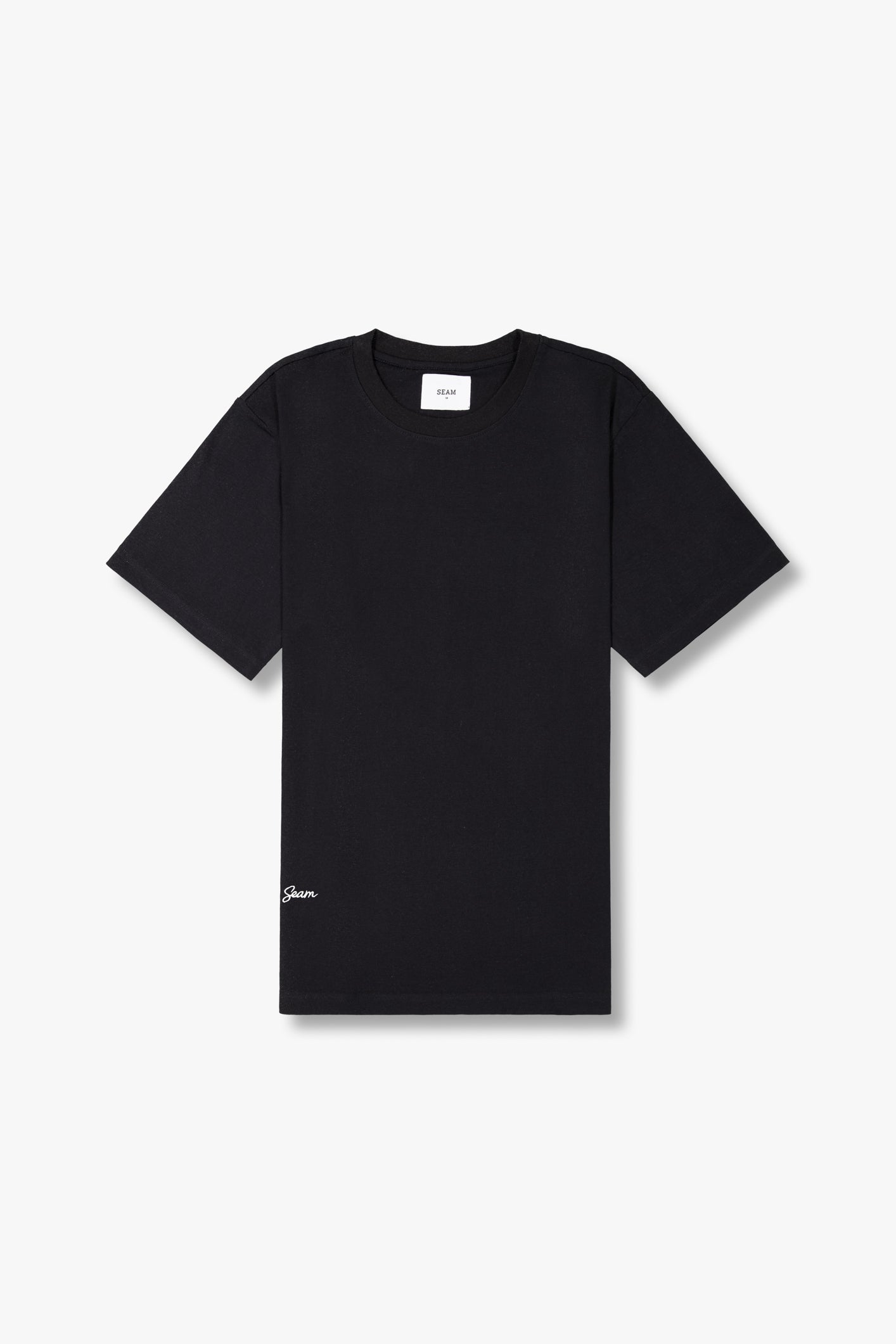 SEAM Relaxed Fit Cotton T-Shirt in Black, flat lay showing 200 GSM heavyweight combed cotton