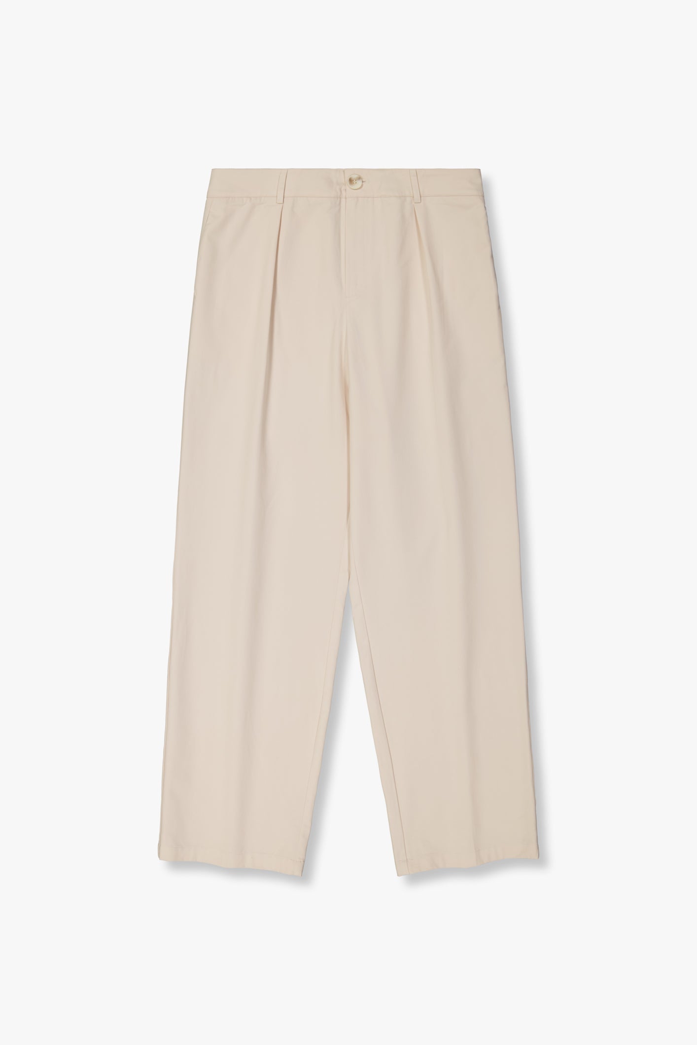 SEAM Poplin Pleated Trouser in Wheat, flat lay showing single front pleat and straight-leg cut