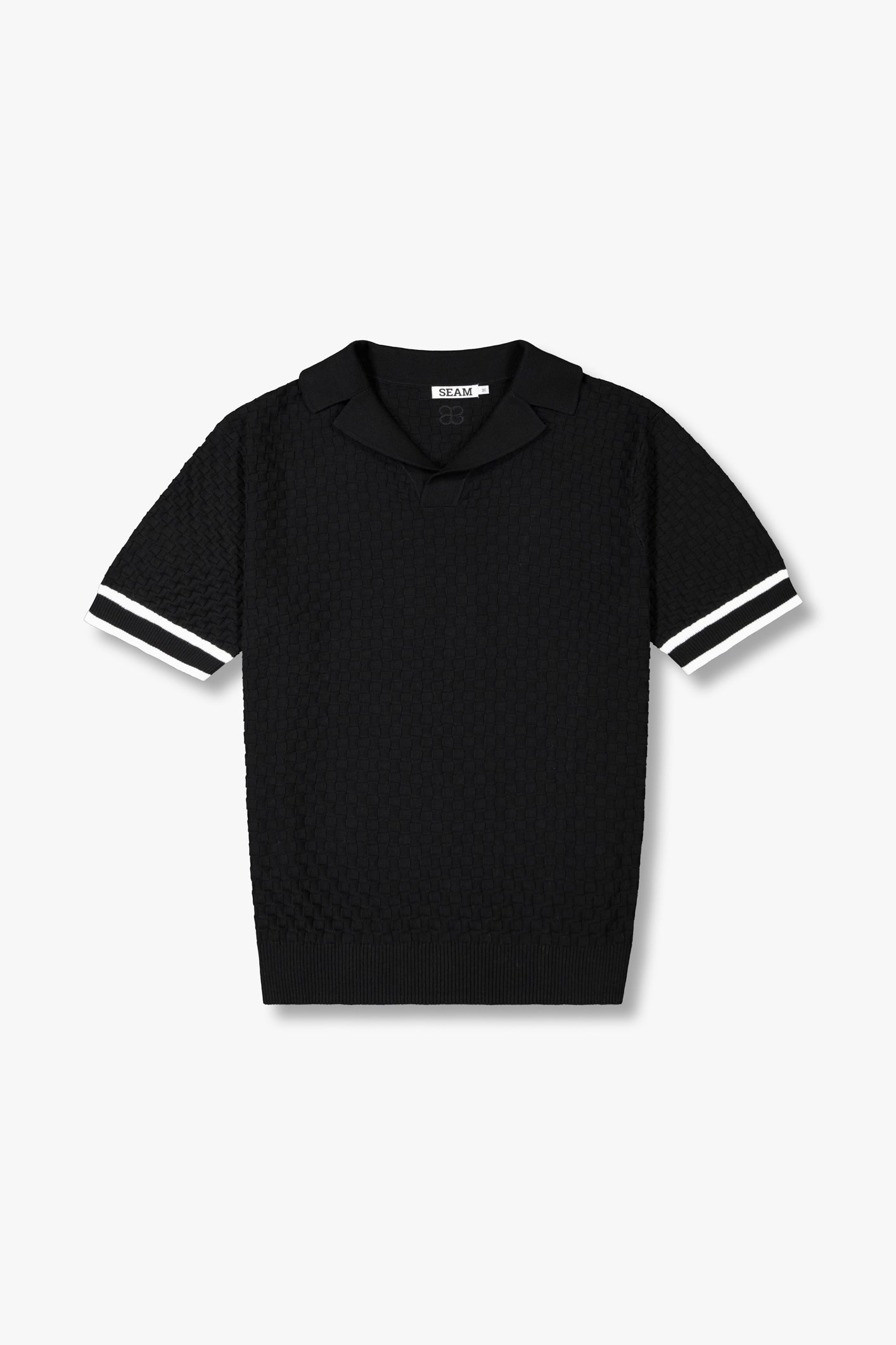 SEAM Checked Cotton Knit Polo in Obsidian, flat lay showing tonal jacquard check pattern